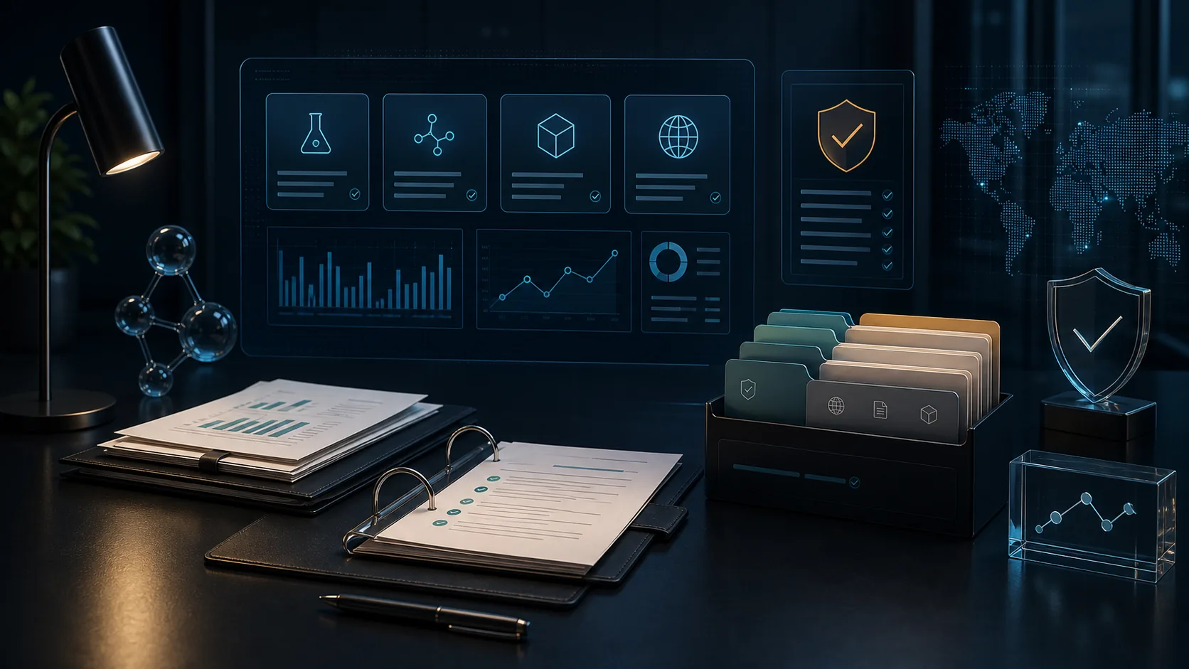 Abstract underwriting readiness workspace with compliance review panels and secure documentation folders.